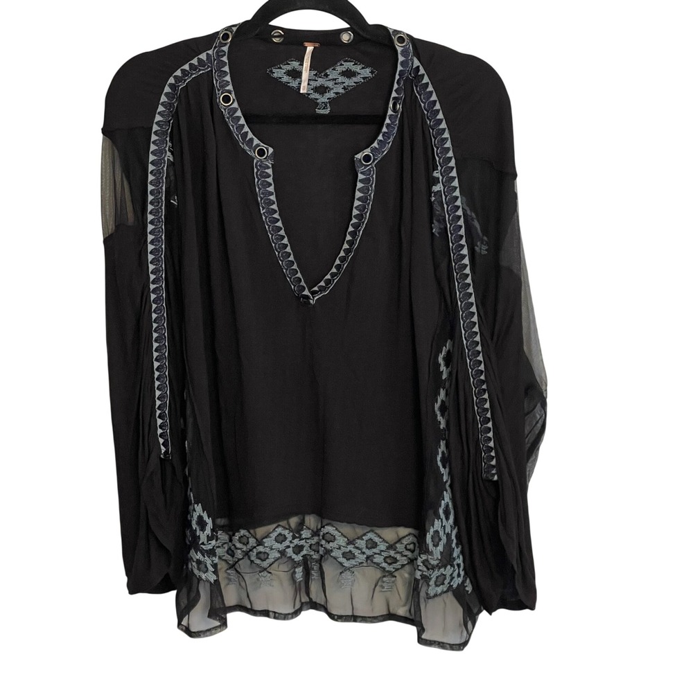 Free People Womens Black Embroidered Mesh Oversized Tunic Top XS Boho V-Neck